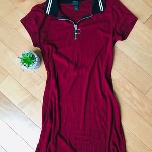 Wine Colored Cotton Dress with Black&White Collar